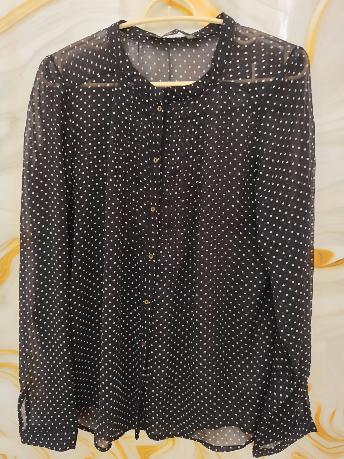 semi-transparent polka dot blouse from the Zara Trafaluc line.